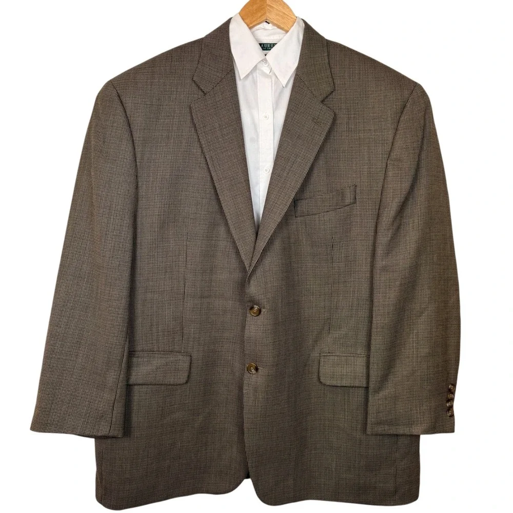Vtg Lauren Ralph Lauren 100% Wool Houndstooth Sport Coat 48R Tan Made in Canada